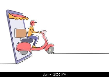 Continu une ligne dessinant le scooter d'équitation de courrier transportant la boîte de paquet hors de l'écran géant de smartphone avec auvent. Concept de service de livraison en ligne. S Illustration de Vecteur