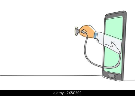 Une seule ligne dessinant la main du médecin sur l'écran du smartphone tenant le stéthoscope. Analyse de concepts de diagnostic médical, recherche. Continu moderne Illustration de Vecteur
