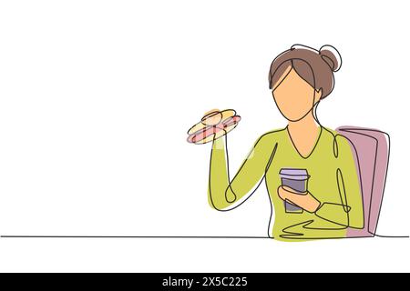Continu une ligne dessinant jeune femme ayant un repas hamburger et une tasse de cola à boire avec la main. Heureux et profiter du déjeuner au restaurant. Nourriture délicieuse. Si Illustration de Vecteur