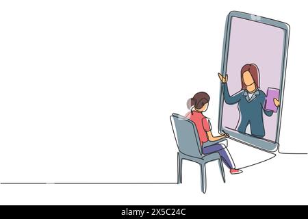 Continue d'une ligne dessinant étudiante assise étudiant regardant l'écran du smartphone et à l'intérieur de l'ordinateur portable il y a une conférencière féminine qui enseigne. S Illustration de Vecteur