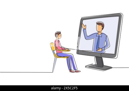Simple ligne continue dessinant étudiant masculin assis étudiant regardant l'écran géant de moniteur et à l'intérieur de l'ordinateur portable il y a un conférencier masculin qui enseigne. Illustration de Vecteur