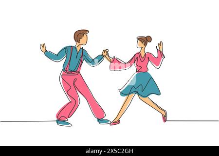 Ligne continue dessinant homme et femme dansant Lindy hop ou Swing ensemble. Personnages masculins et féminins jouant la danse à l'école ou à la fête. Simple Illustration de Vecteur