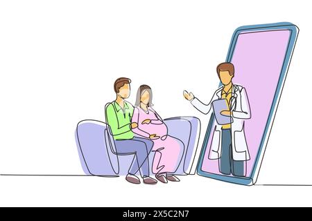 Simple une ligne dessin médecin masculin sort de l'écran du smartphone face au patient et donne consultation au patient jeune couple avec femme enceinte. Illustration de Vecteur