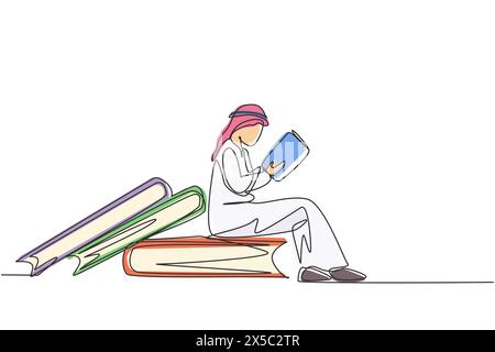 Simple une ligne dessinant un jeune étudiant arabe masculin lisant, apprenant et assis sur de grands livres. Étudiez dans la bibliothèque. Fans de littérature ou amoureux. Contin moderne Illustration de Vecteur