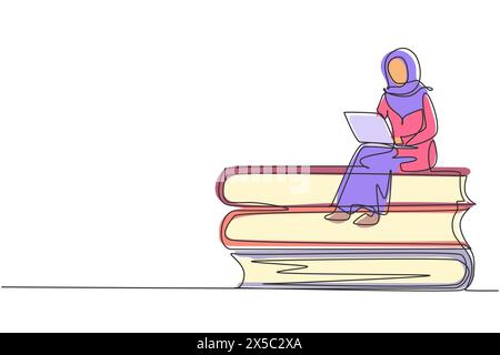 Continue d'une ligne dessinant femme arabe étudiant avec ordinateur portable et assis sur pile de grands livres. Retour sur le campus, étudiant intelligent, éducation en ligne Illustration de Vecteur