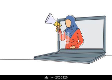 Ligne continue unique dessinant une jeune femme arabe sortant de l'écran d'ordinateur portable tenant le mégaphone. Offre de produit avec rabais ou concept de vente. Dynami Illustration de Vecteur