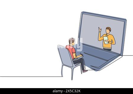 Simple une ligne dessinant étudiant masculin assis étudiant regardant l'écran d'ordinateur portable géant et à l'intérieur de l'ordinateur portable il y a un conférencier masculin qui enseigne. Continue Illustration de Vecteur