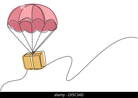 Un seul paquet de boîte de dessin de ligne continue vole à travers le ciel à l'aide de parachute. Service de livraison en ligne. Concept de colis de livraison rapide. Dynamic One l Illustration de Vecteur