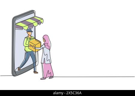 Un seul courrier masculin de dessin d'une ligne sort de l'écran géant de smartphone avec auvent et donne la boîte de paquet à la cliente féminine de hijab. Continuou moderne Illustration de Vecteur