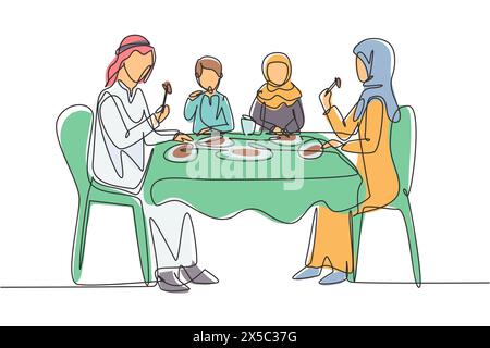 Une ligne continue dessinant un repas de famille arabe autour de la table de la cuisine. Heureux papa, maman et deux enfants assis à manger un déjeuner sain à la maison. Singl Illustration de Vecteur