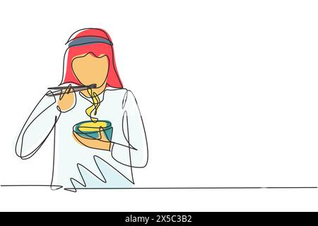 Une ligne continue dessinant un jeune homme arabe ayant un repas de nouilles avec des baguettes autour de la table. Savourez le déjeuner lorsque vous avez faim. Nourriture délicieuse et saine. S Illustration de Vecteur