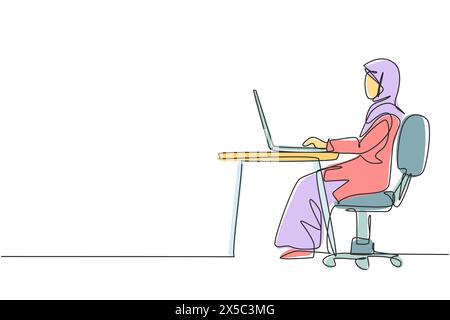 Simple dessin d'une ligne femme arabe avec ordinateur portable assis sur la chaise autour du bureau. Apprentissage à distance, cours en ligne et concept d'étude. conti moderne Illustration de Vecteur