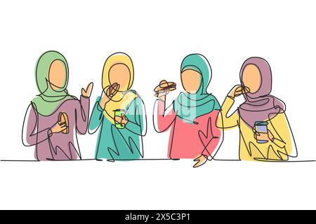 Une ligne continue dessinant des amis arabes mangeant un repas de restauration rapide dans un restaurant. Groupe de femmes heureuses parlant, dîner, hamburgers et soda à boire. O Illustration de Vecteur