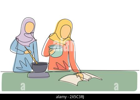 Simple dessin d'une ligne femme arabe cuisinant le dîner a conversation d'appel vidéo dans la cuisine. Femme parlant avec un ami en utilisant l'application sur ordinateur portable. C Illustration de Vecteur