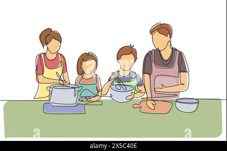 Continu une ligne dessinant la maman de famille heureuse, papa, petite fille et fils cuisinent la nourriture dans la cuisine ensemble, ustensiles de cuisine, vaisselle, maison, maison. S Illustration de Vecteur