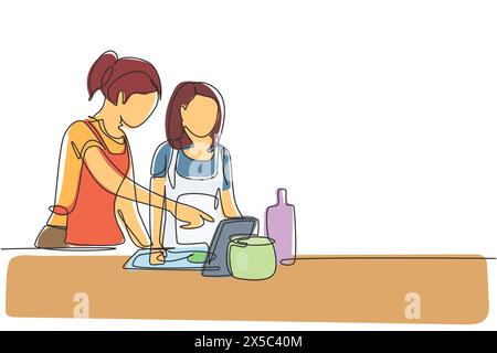 Continu d'une ligne dessinant la mère heureuse et la fille cuisinant ensemble tout en regardant le tutoriel de la tablette. Apprenez à cuisiner avec la technologie moderne. Chantez Illustration de Vecteur