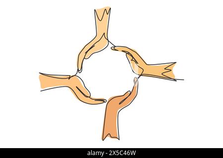 Cercle de dessin d'une ligne simple fait de mains. Symbole de protection, de coopération, de soins. Communication avec les gestes de la main. Signes non verbaux. Continu l Illustration de Vecteur