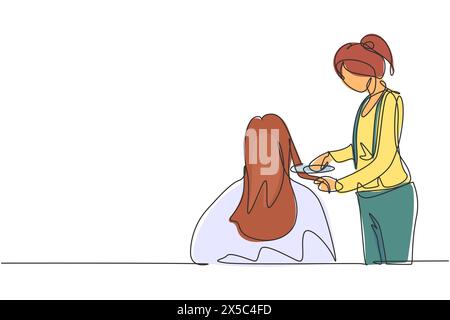 Modèle simple de dessin d'une ligne assis tout en coiffant dans le salon de beauté. Port cape pour la coiffure. Fille ayant sombre, long, glancy, droit, sourd Illustration de Vecteur