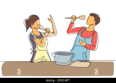 Continu une ligne dessinant un couple romantique heureux chantant tout en cuisinant ensemble, en utilisant la spatule et le brocoli comme microphones. Concept d'amusement de cuisine. Chantez Illustration de Vecteur