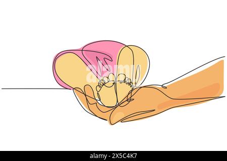 Ligne continue unique dessinant les pieds de bébé dans les mains de la mère. Les pieds minuscules du nouveau-né sur les mains de la femme. Maman et son enfant. Concept Happy Family. Magnifique Illustration de Vecteur