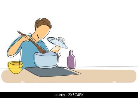 Simple une ligne dessinant beau mari appréciant l'odeur de la cuisson de la casserole. Préparez la nourriture à la cuisine confortable. Cuisiner à la maison. Nourriture saine. conti moderne Illustration de Vecteur