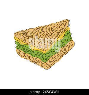 Ligne continue unique dessinant de délicieux sandwichs juteux remplis de légumes, fromage, viande, côtelette. Snack pour le petit déjeuner. Boucles torsadées. Dynamique Illustration de Vecteur