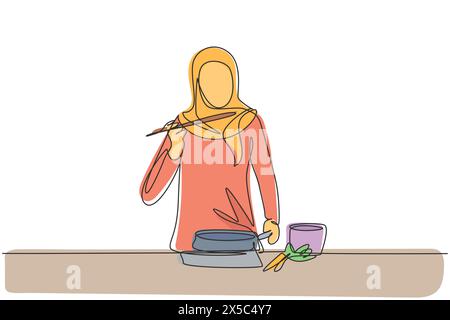 Une ligne continue dessinant femme arabe mélangeant sauce tomate, dégustation et repas de relish avec spatule en bois. Préparez la nourriture à la cuisine confortable. Dynamique Illustration de Vecteur