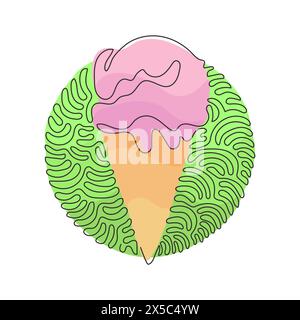 Une ligne continue dessinant de délicieuses glaces dans des gaufres croustillantes. Savoureuse crème glacée sucrée. Desserts froids d'été. Fond de cercle de courbure de tourbillon Illustration de Vecteur