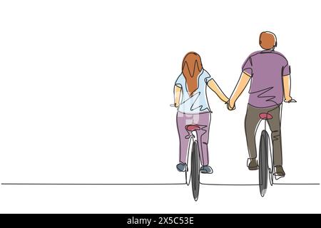 Une seule ligne continue dessinant la vue arrière d'un couple de cyclistes romantique tenant la main dans l'après-midi. Ensemble du jeune mari et de la femme après le mariage. Illustration de Vecteur