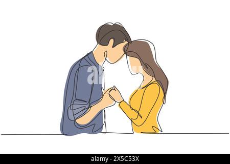 Simple une ligne dessinant un couple aimant heureux tenant la main. Jeune couple debout tout en se tenant la main, se regardant et souriant. Contin moderne Illustration de Vecteur