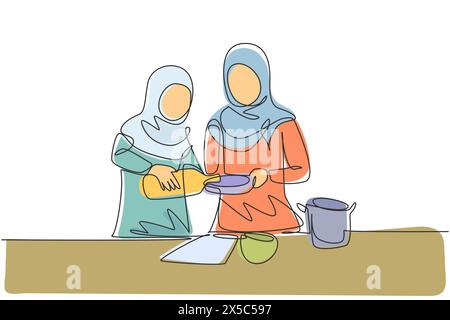 Une seule ligne continue dessinant la mère arabe et la fille verser de l'huile dans la casserole qui est tenue par l'un d'eux. Préparation de cuisson dans une cuisine confortable. Illustration de Vecteur