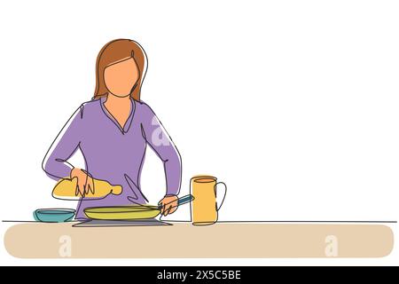 Continu une ligne dessinant belle femme versant de l'huile de cuisson de la bouteille dans la poêle à frire sur la cuisinière. Préparez la nourriture à la cuisine confortable. Cuisiner à la maison. S Illustration de Vecteur
