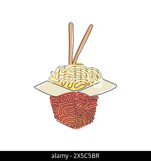 Une seule ligne continue dessinant des nouilles dans une boîte. Ramen oriental asiatique, restaurant chinois traditionnel avec pâtes et baguettes. Boucles torsadées. Dynami Illustration de Vecteur