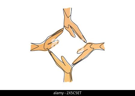 Une ligne continue dessinant quatre mains de paume font une forme de cadre carré. Symbole de soin, d'unité, de partage, de confiance. Communication avec les gestes de la main. L unique Illustration de Vecteur