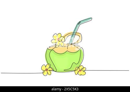 Ligne continue dessinant des noix de coco vertes avec de la paille et de la fleur. Soulage la soif et la déshydratation en été. Concept de mode de vie sain. Singl Illustration de Vecteur