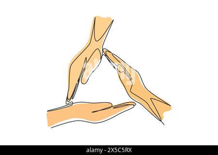 Une seule ligne continue dessinant trois mains de paume font la forme d'un cadre triangulaire. Symbole de sécurité. Communication avec les gestes de la main. Signes non verbaux. Dynami Illustration de Vecteur