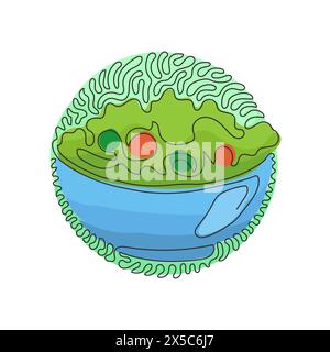 Ligne continue unique dessinant une salade verte de légumes frais dans un saladier. Apéritif sain pour le corps humain. Style d'arrière-plan de cercle de bouclage de tourbillon. Activé Illustration de Vecteur