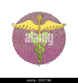 Simple dessin d'une ligne Caduceus - centre médical, pharmacie, hôpital avec symbole populaire de la médecine. Logo médical. style d'arrière-plan de cercle de bouclage de tourbillon Illustration de Vecteur