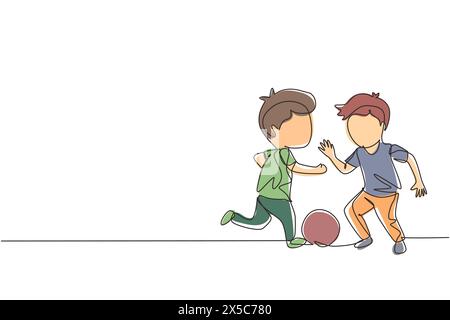 Simple une ligne dessinant des garçons jouant au football ensemble. Deux petits enfants heureux jouant du sport en uniforme. Enfants souriants frappant le ballon à pied entre Illustration de Vecteur