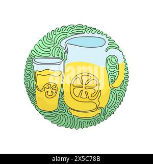 Limonade simple d'une ligne dessinée dans une verseuse et un verre. Verre et pichet avec citrons et glaçons. Style d'arrière-plan de cercle de bouclage de tourbillon. Continu moderne Illustration de Vecteur
