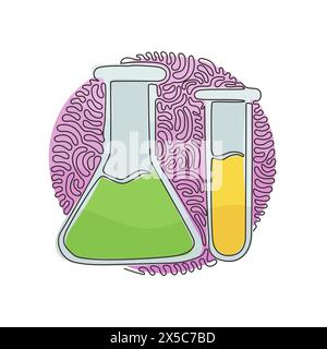 Dessin continu sur une ligne de la verrerie de laboratoire chimique. Tube de laboratoire gradué, bécher, flacon. EQUIPEMENT pour essais chimiques. Grotte arrière en cercle à boucles tourbillonnantes Illustration de Vecteur