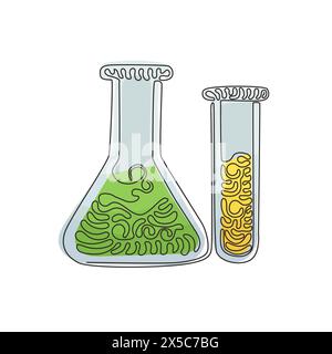 Dessin continu sur une ligne de la verrerie de laboratoire chimique. Tube de laboratoire gradué, bécher et flacon. EQUIPEMENT pour essais chimiques. Boucles torsadées. Singl Illustration de Vecteur