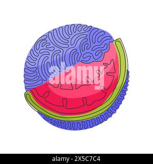 Continu d'une ligne dessinant le melon d'eau, illustration de fruits de tranche de pastèque, nourriture saine fraîche, nourriture naturelle biologique. Fond de cercle de courbure de tourbillon s Illustration de Vecteur