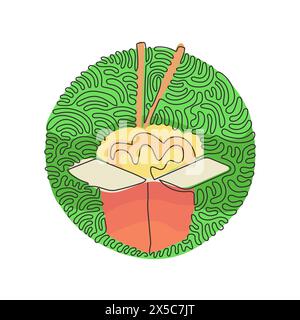 Une ligne continue dessinant des nouilles dans une boîte. Ramen asiatique, restaurant chinois traditionnel avec pâtes et baguettes. Style d'arrière-plan de cercle de bouclage de tourbillon. Illustration de Vecteur