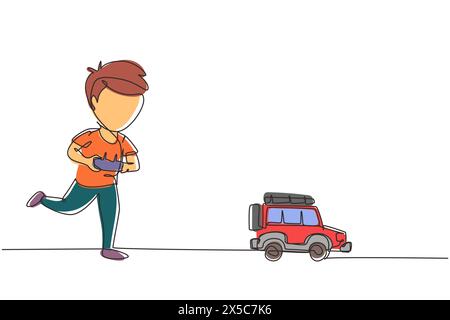 Garçon dessinant une ligne continue jouant avec une voiture hors route télécommandée. Enfants mignons jouant avec la voiture jouet électronique avec télécommande dans les mains. S Illustration de Vecteur