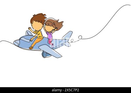 Ligne continue unique dessinant les petits garçons et les filles chevauchant l'avion. Des enfants heureux dans l'avion. Enfants en avion, voyage d'été, concept de voyage. O Illustration de Vecteur