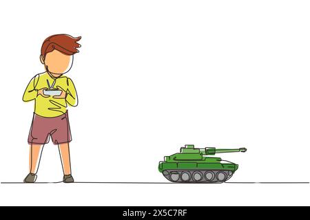 Garçon de dessin simple d'une ligne jouant avec un char de combat jouet télécommandé. Enfants jouant avec un réservoir de jouet électronique avec télécommande dans les mains. Contin Illustration de Vecteur