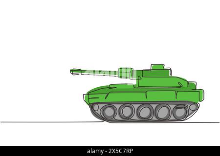 Char de combat pour enfants à dessin unique d'une ligne. Char vert, véhicules de combat blindés. Unité de transport militaire. Divertissement jouets pour enfants. Continu Illustration de Vecteur