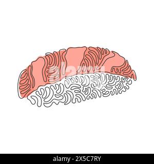 Une seule ligne dessinant des sushis japonais traditionnels, une tranche de thon cru ou une boule de riz maguro. Menu dans un restaurant japonais. Boucles torsadées. Continuo moderne Illustration de Vecteur