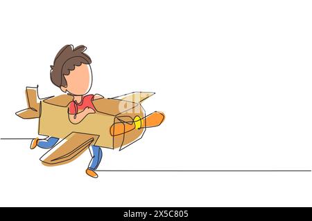 Simple dessin d'une ligne garçon créatif jouant comme pilote avec un avion en carton. Enfants heureux chevauchant un avion en carton fait à la main. Jeu d'avion. conti moderne Illustration de Vecteur